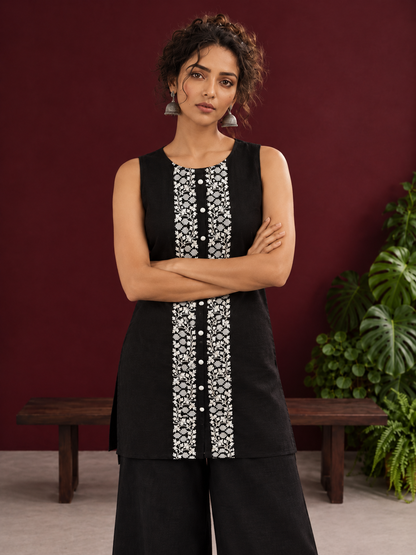 Elegant Black Cotton Sleeveless Coord with White Floral lace Front Placket & Buttons with black palazzo pants — styled view