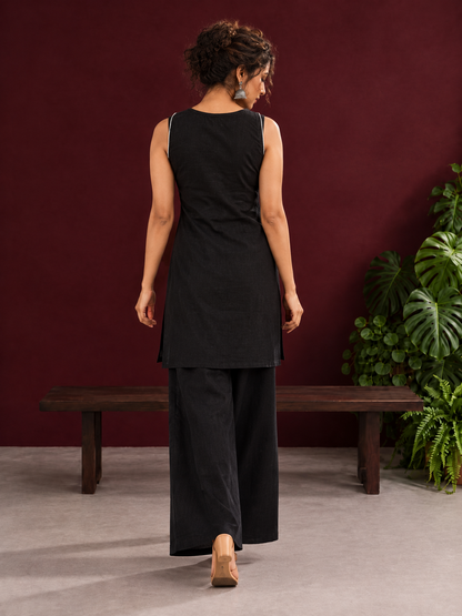 Elegant Black Cotton Sleeveless Coord with White Floral lace Front Placket & Buttons with black palazzo pants — back view