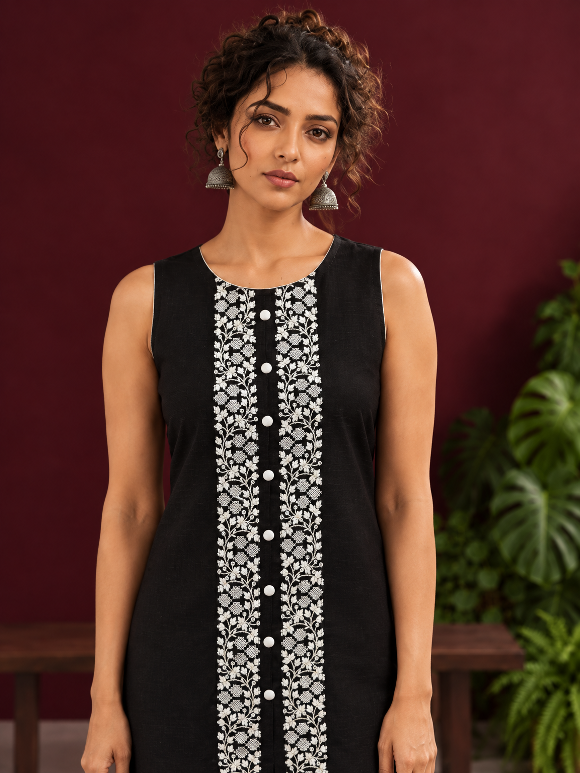 Elegant Black Cotton Sleeveless Coord with White Floral lace Front Placket & Buttons with black palazzo pants — fabric detail — view 3