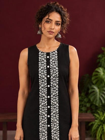Elegant Black Cotton Sleeveless Coord with White Floral lace Front Placket & Buttons with black palazzo pants — fabric detail