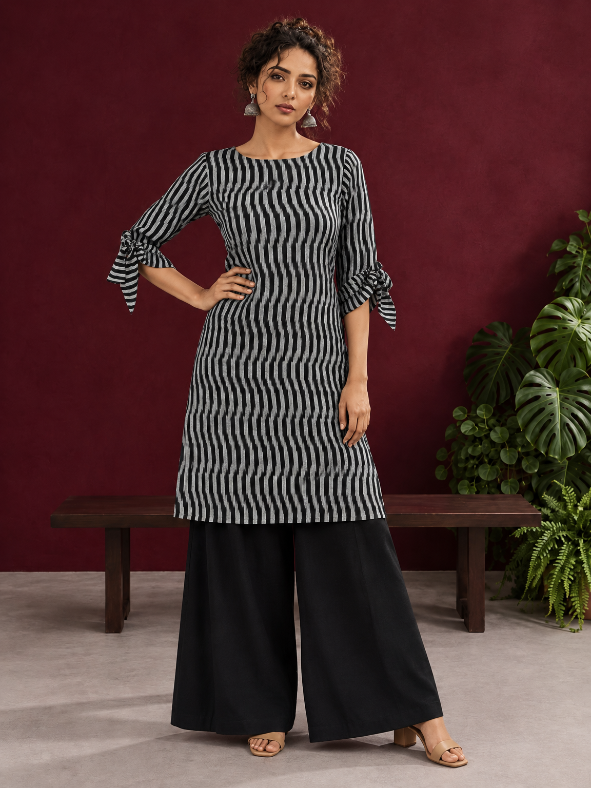 Monochrome Black and Grey Ikat Striped Cotton Coord with Tie-Up Bell Sleeve Cuffs and Buttons with Black Palazzo — front view — view 4
