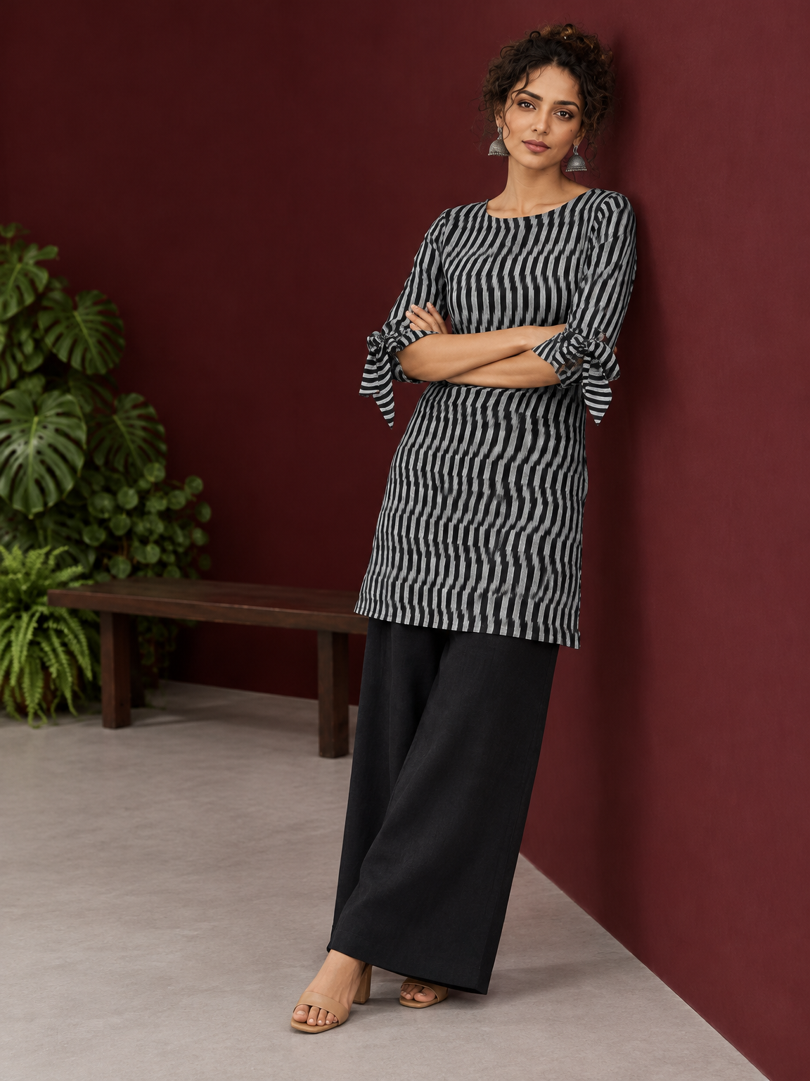 Monochrome Black and Grey Ikat Striped Cotton Coord with Tie-Up Bell Sleeve Cuffs and Buttons with Black Palazzo — side view — view 5