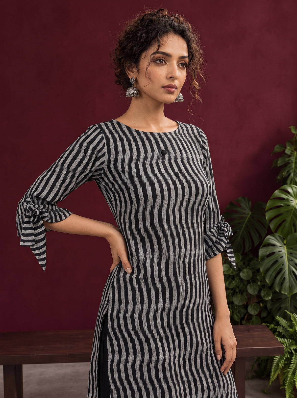 Monochrome Black and Grey Ikat Striped Cotton Coord with Tie-Up Bell Sleeve Cuffs and Buttons with Black Pala — fabric detail — view 2