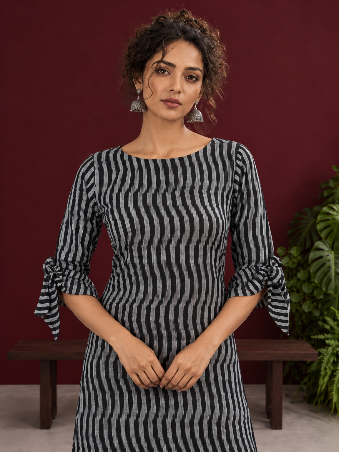 Monochrome Black and Grey Ikat Striped Cotton Coord with Tie-Up Bell Sleeve Cuffs and Buttons with Black Palazz — styled view — view 6