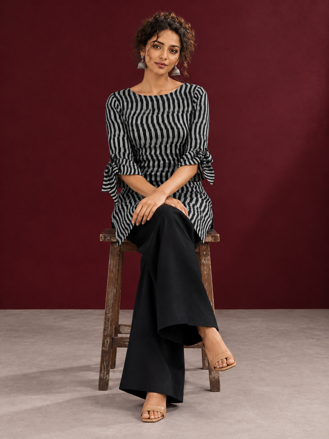 Monochrome Black and Grey Ikat Striped Cotton Coord with Tie-Up Bell Sleeve Cuffs and Buttons with Black Palazzo pants