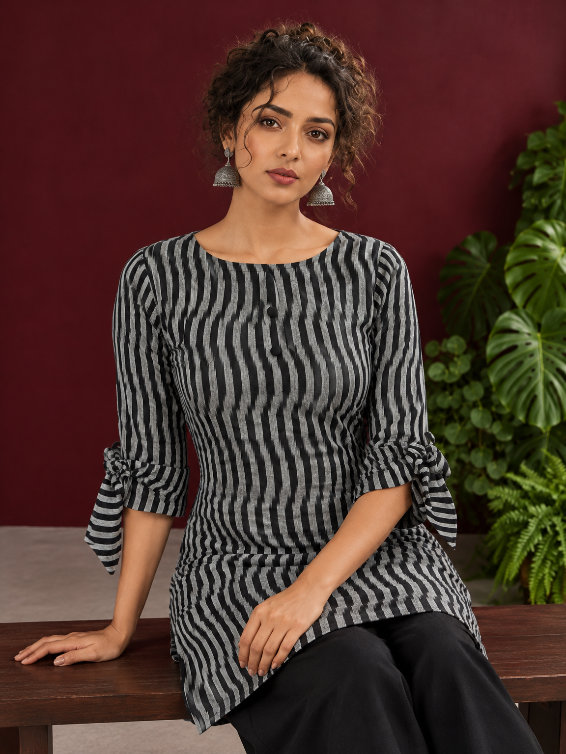 Monochrome Black and Grey Ikat Striped Cotton Coord with Tie-Up Bell Sleeve Cuffs and Buttons with Black Pala — seated detail — view 7