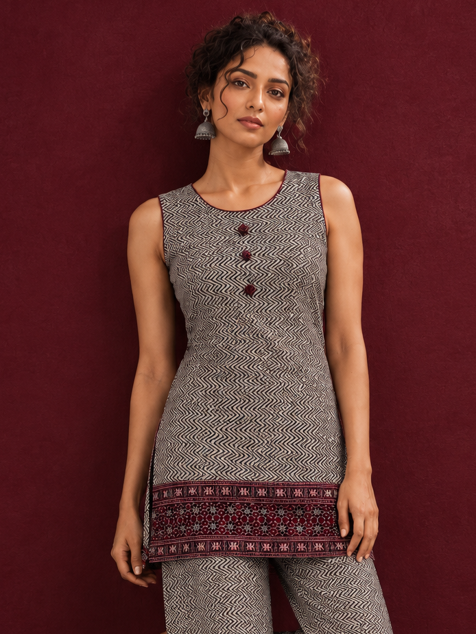 Classic Beige & Black Ajrakh Print Co-Ord Set with Maroon Floral Border Detail — side view — view 3