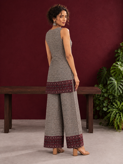 Classic Beige & Black Ajrakh Print Co-Ord Set with Maroon Floral Border Detail — back view