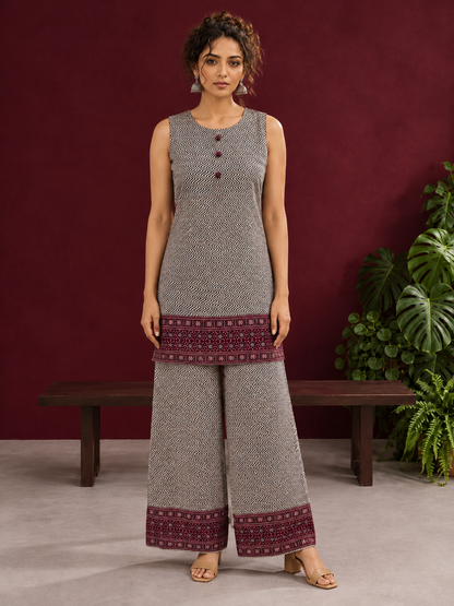 Classic Beige & Black Ajrakh Print Co-Ord Set with Maroon Floral Border Detail — front view