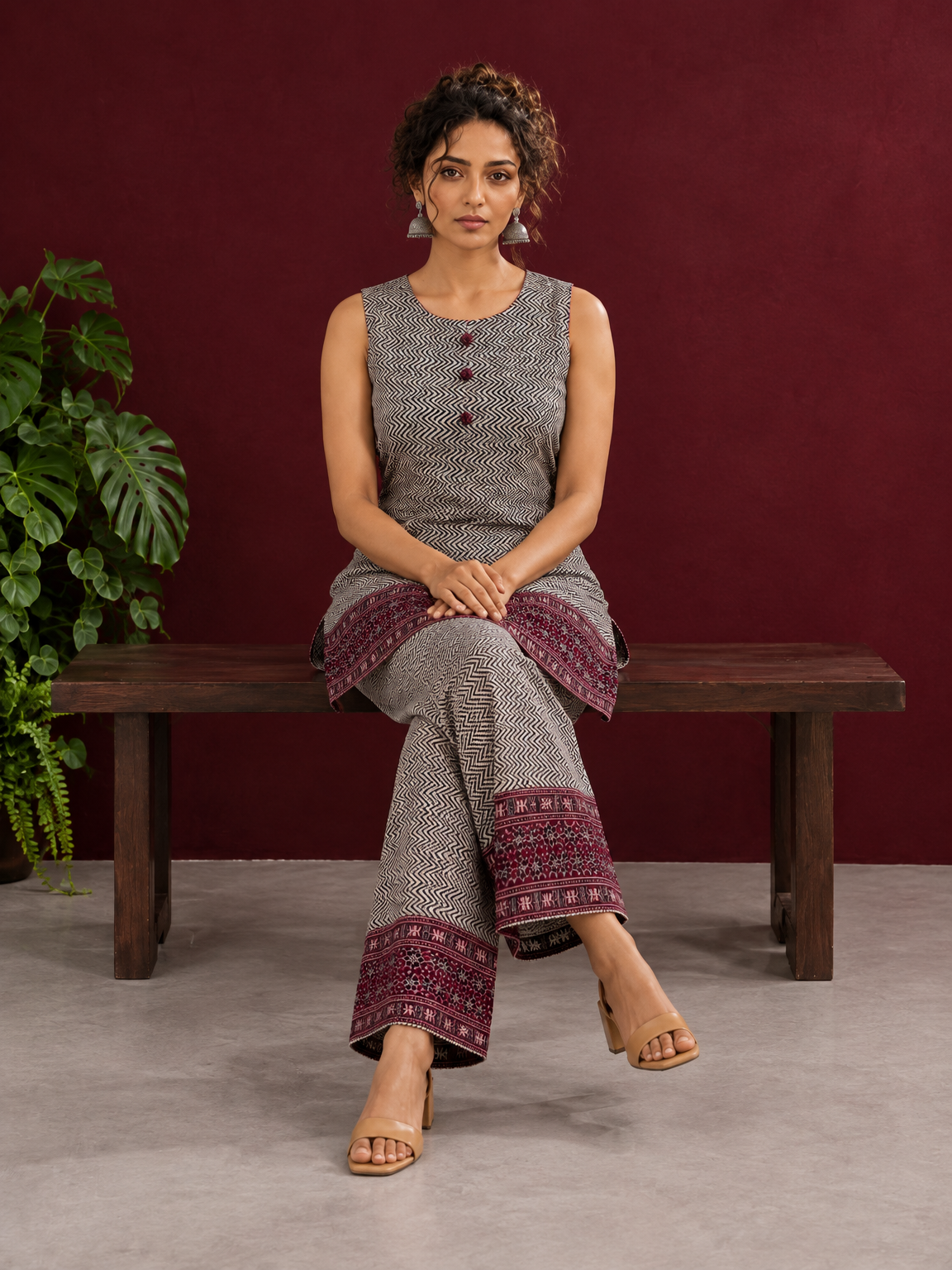 Classic Beige & Black Ajrakh Print Co-Ord Set with Maroon Floral Border Detail — seated — view 5