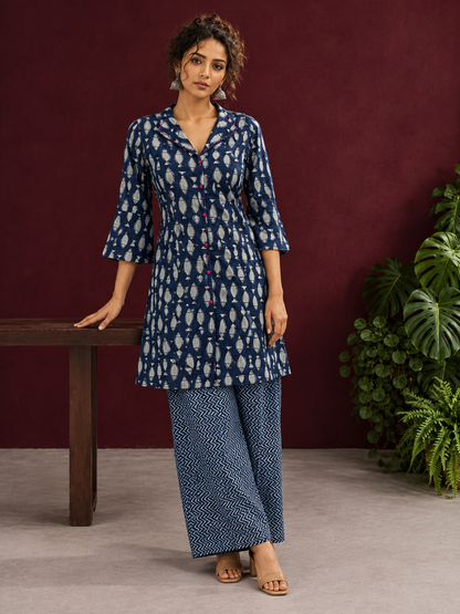 Indigo Cotton Co-Ord Set with White Fish Print Collared Tunic & zig zag Printed Pants — front view