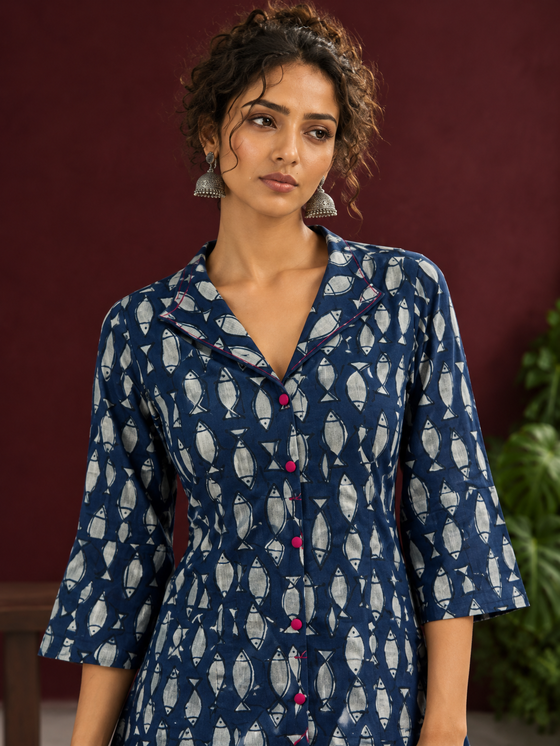 Indigo Cotton Co-Ord Set with White Fish Print Collared Tunic & zig zag Printed Pants — fabric detail — view 3