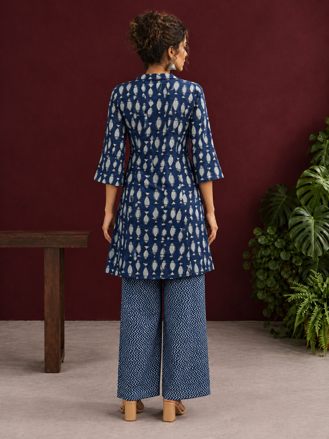 Indigo Cotton Co-Ord Set with White Fish Print Collared Tunic & zig zag Printed Pants — back view — view 2