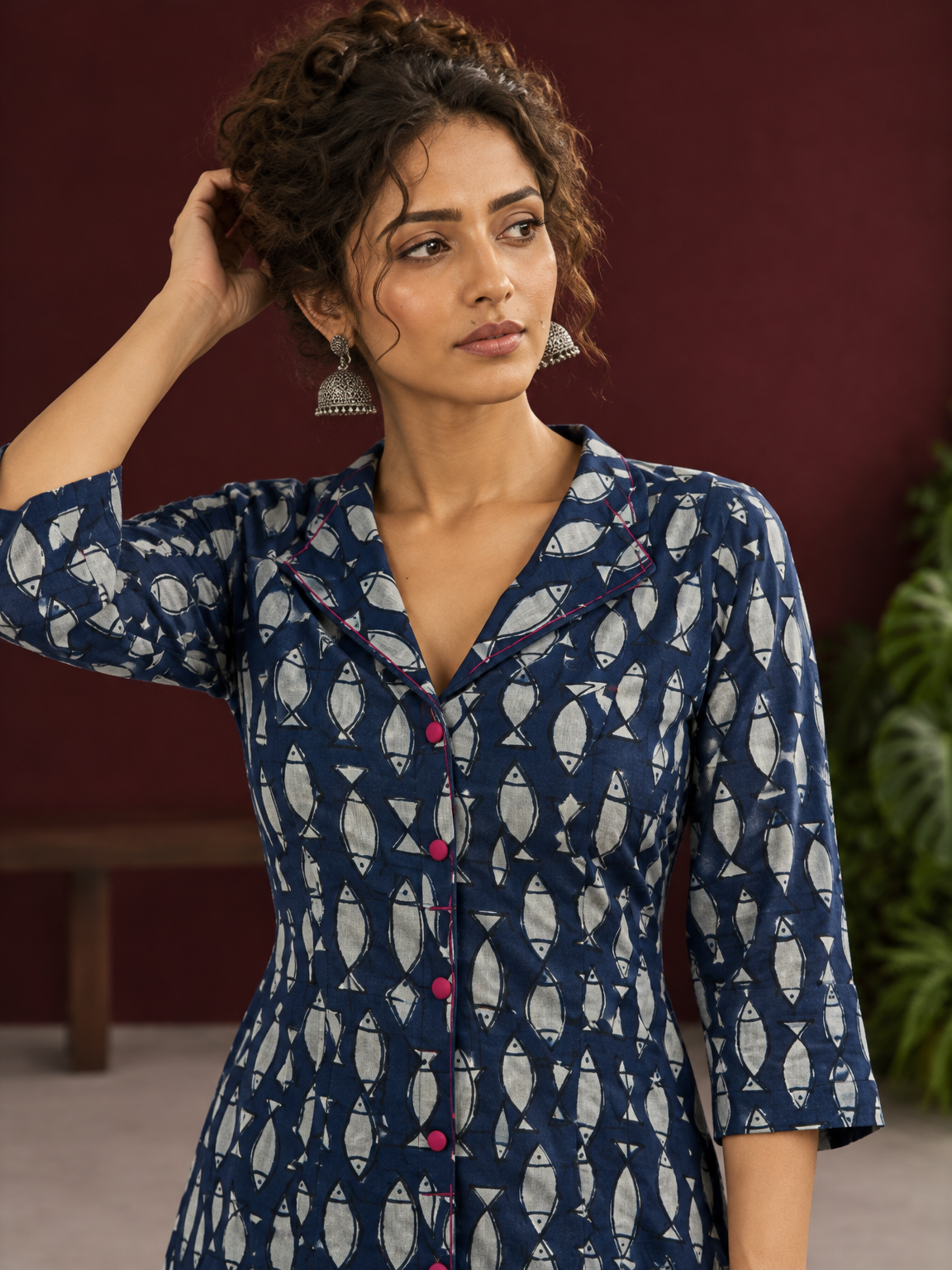 Indigo Cotton Co-Ord Set with White Fish Print Collared Tunic & zig zag Printed Pants — styled view — view 6