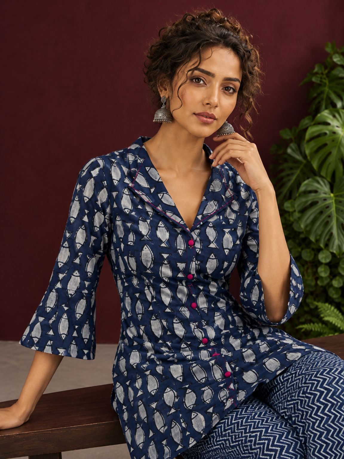 Indigo Cotton Co-Ord Set with White Fish Print Collared Tunic & zig zag Printed Pants — seated detail — view 7