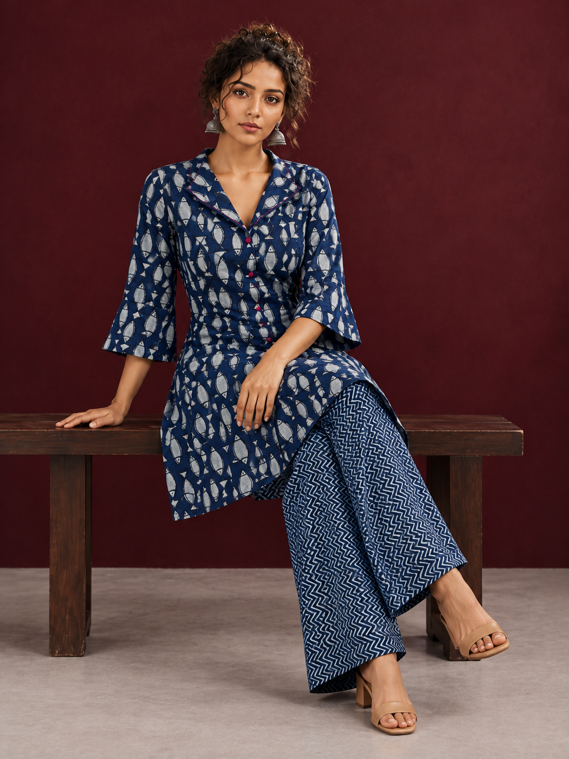Indigo Cotton Co-Ord Set with White Fish Print Collared Tunic & zig zag Printed Pants — seated