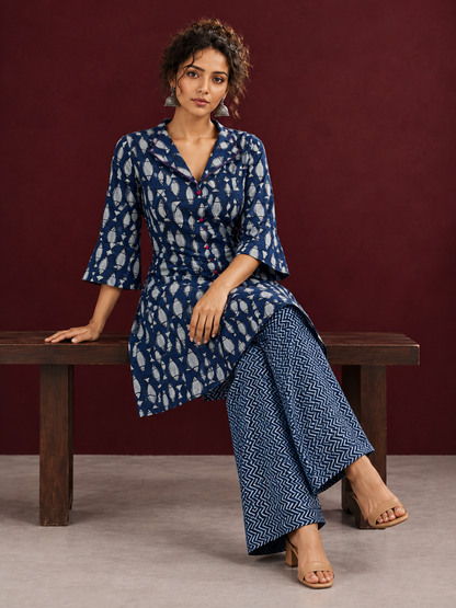 Indigo Cotton Co-Ord Set with White Fish Print Collared Tunic & zig zag Printed Pants — seated