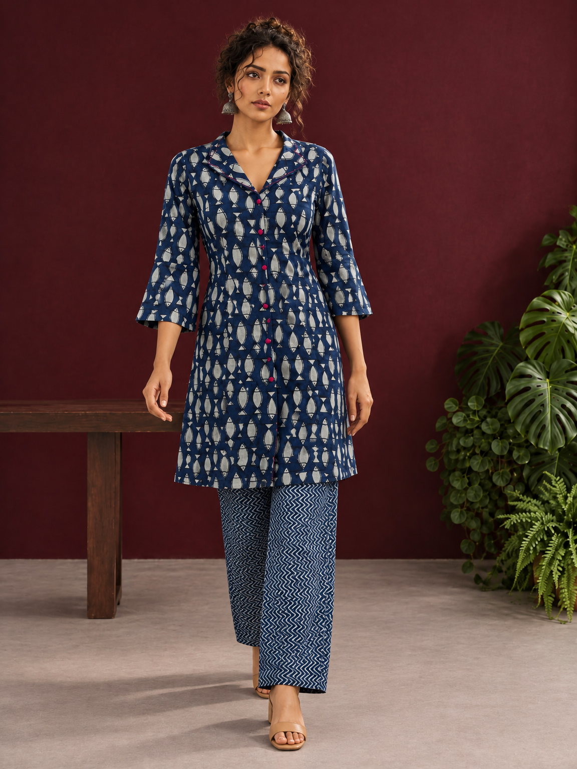 Indigo Cotton Co-Ord Set with White Fish Print Collared Tunic & zig zag Printed Pants — in motion — view 8