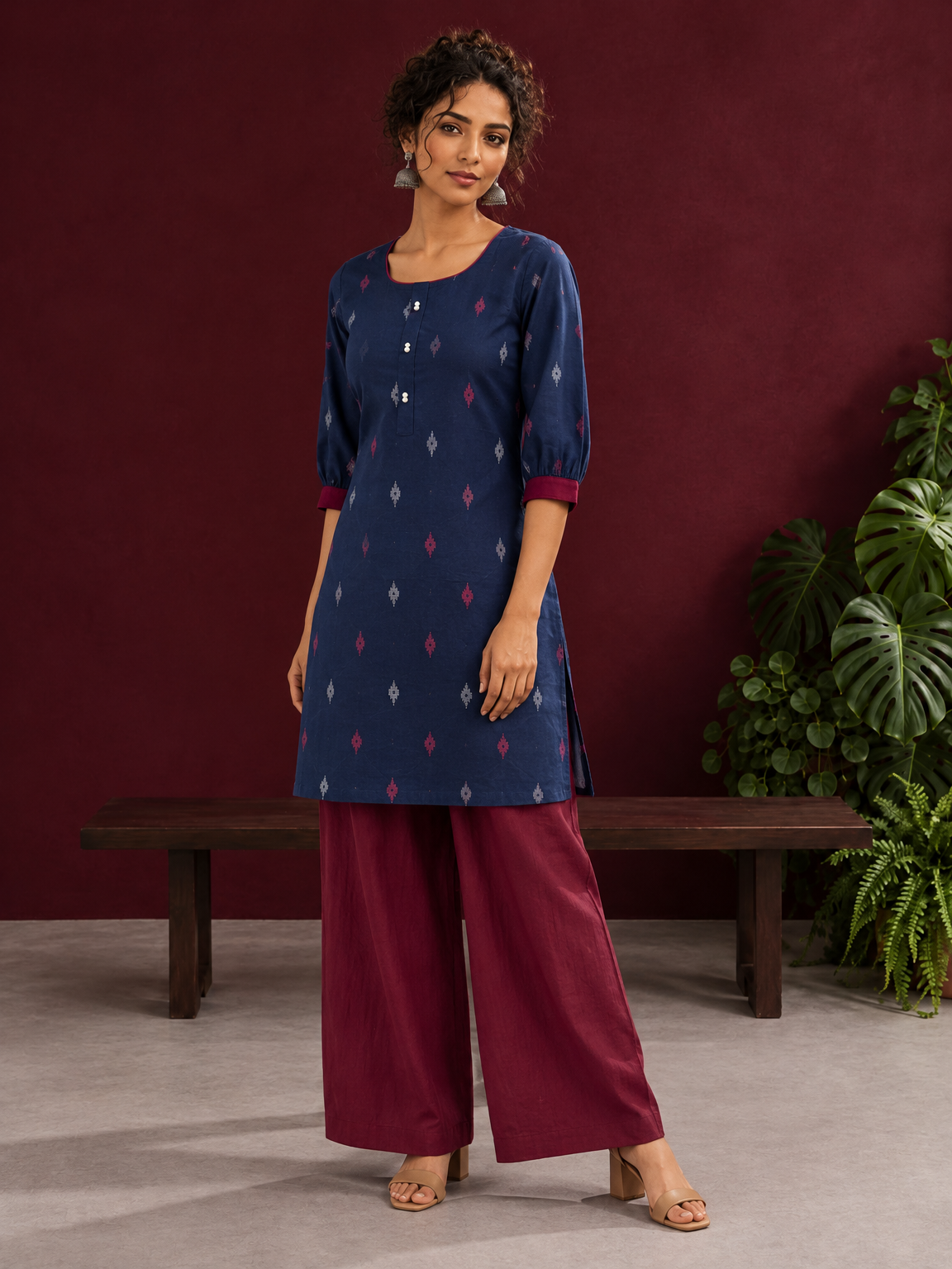 Navy Blue Cotton Co-Ord Set with Maroon Contrast Cuffs and Scoop Neckline Piping and maroon Farshi pants — front view