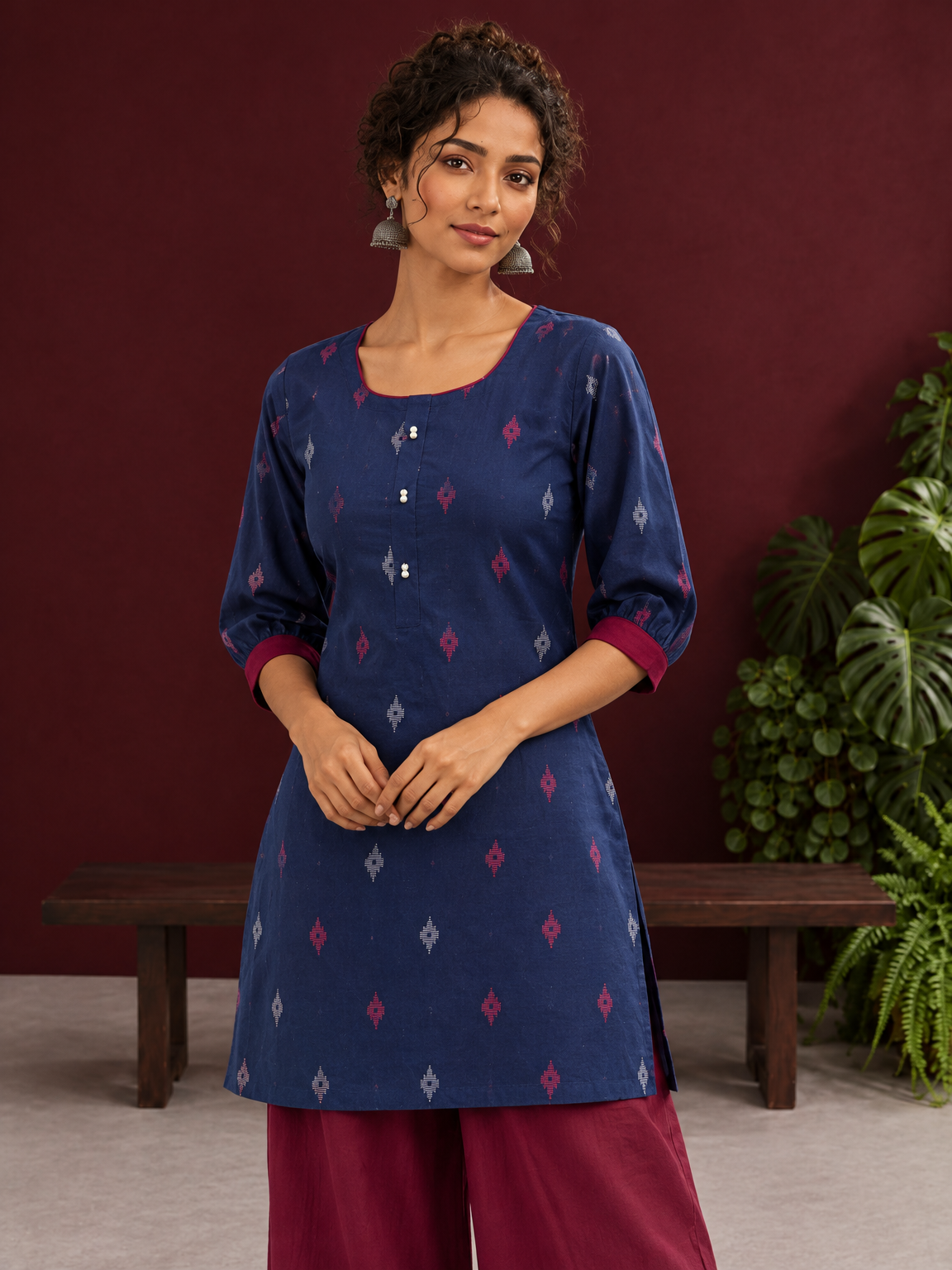 Navy Blue Cotton Co-Ord Set with Maroon Contrast Cuffs and Scoop Neckline Piping and maroon Farshi pants — fabric detail — view 3