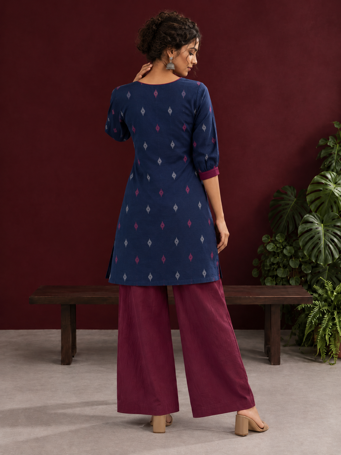 Navy Blue Cotton Co-Ord Set with Maroon Contrast Cuffs and Scoop Neckline Piping and maroon Farshi pants — back view — view 2