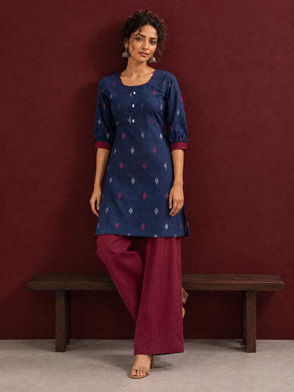 Navy Blue Cotton Co-Ord Set with Maroon Contrast Cuffs and Scoop Neckline Piping and maroon Farshi pants — side view
