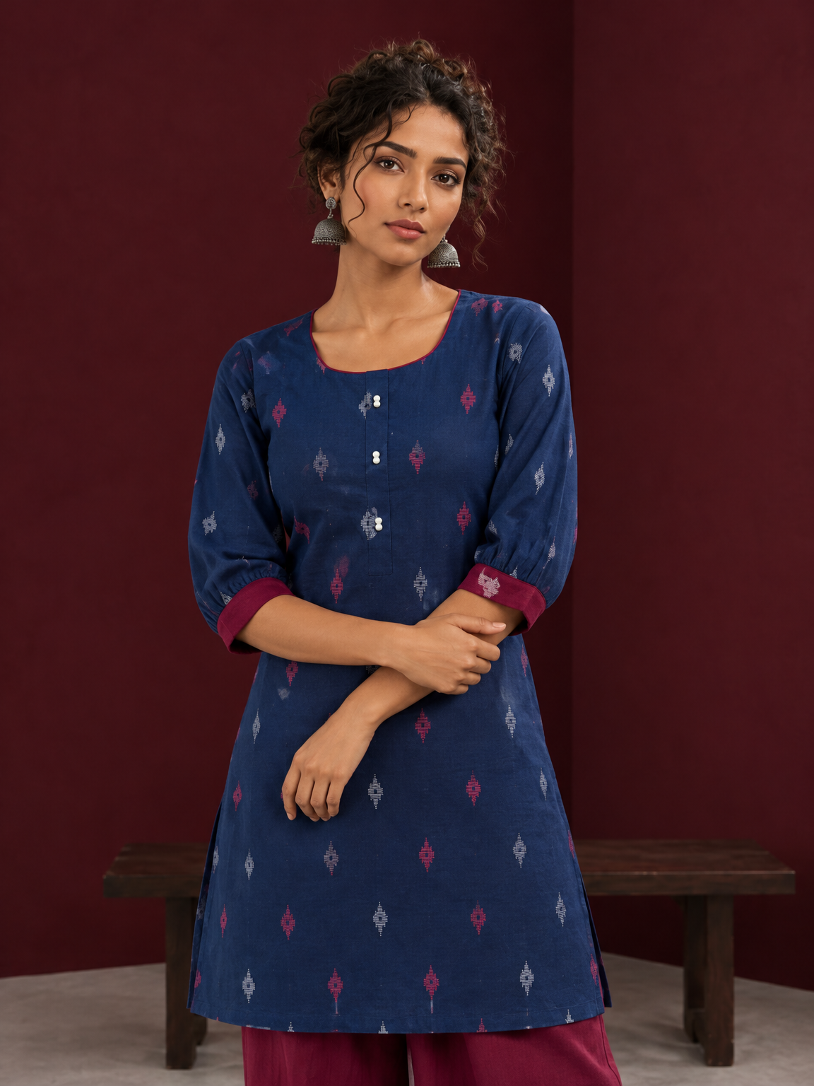 Navy Blue Cotton Co-Ord Set with Maroon Contrast Cuffs and Scoop Neckline Piping and maroon Farshi pants — styled view — view 5