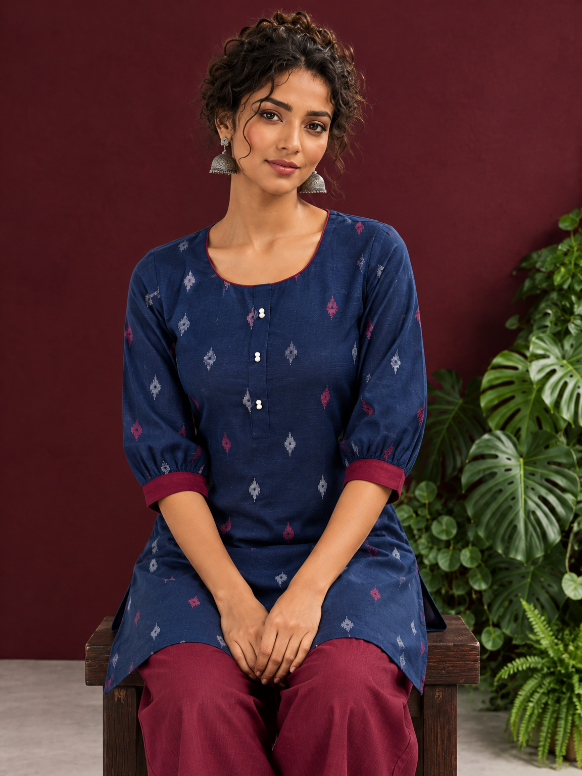 Navy Blue Cotton Co-Ord Set with Maroon Contrast Cuffs and Scoop Neckline Piping and maroon Farshi pants — seated detail — view 6