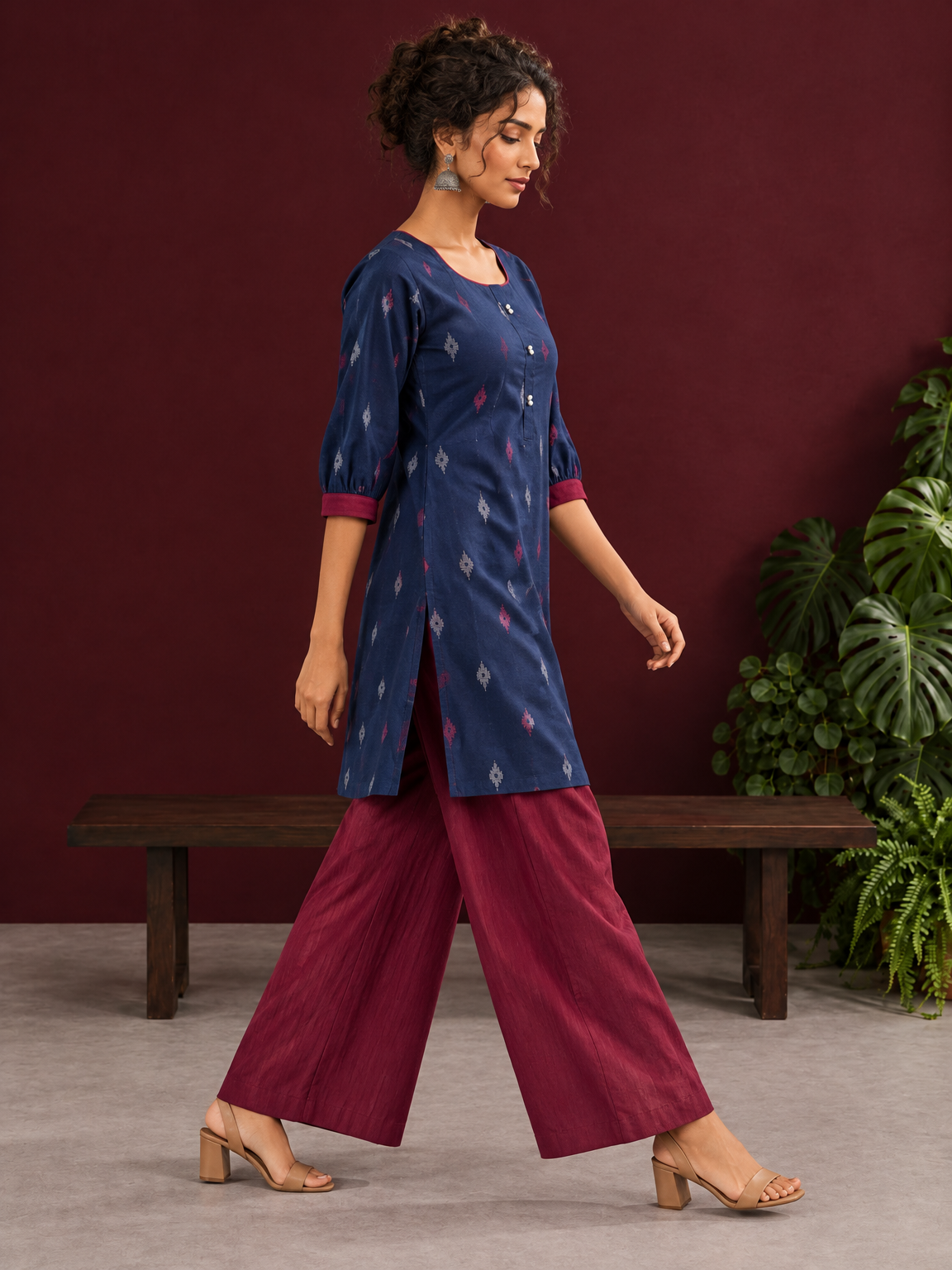 Navy Blue Cotton Co-Ord Set with Maroon Contrast Cuffs and Scoop Neckline Piping and maroon Farshi pants — in motion — view 8