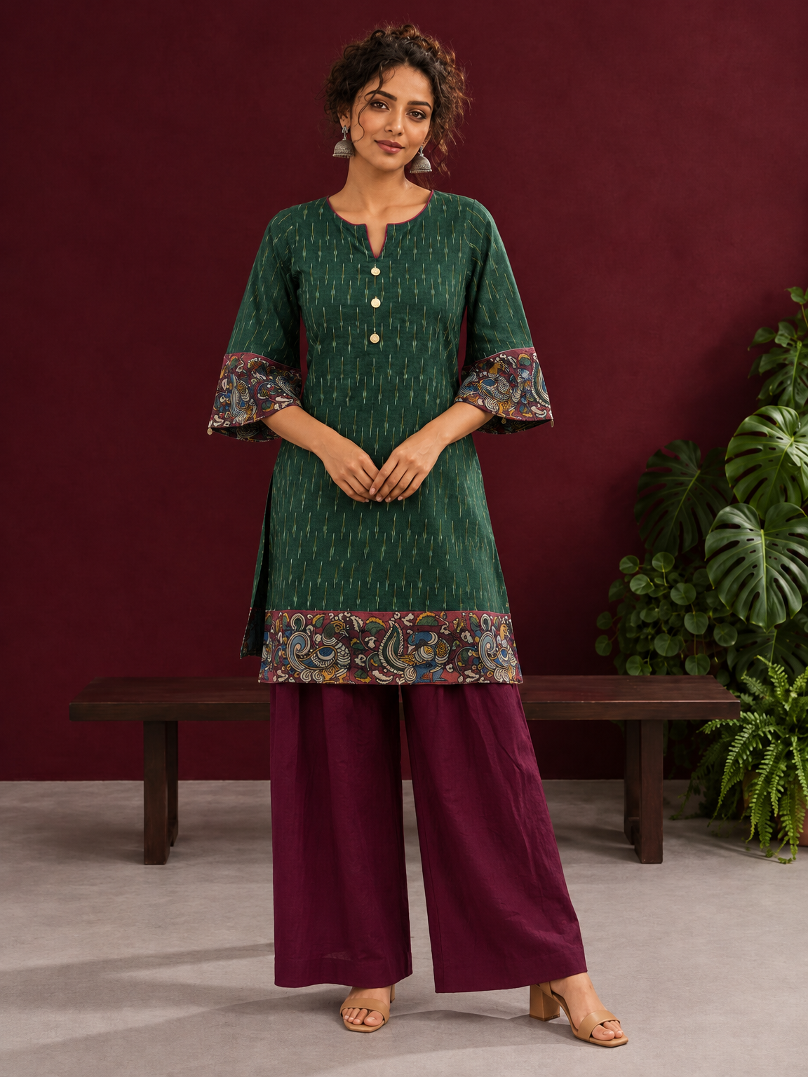 Bottle Green Ikat Cotton Co-Ord Set with Kalamkari Peacock Print Border on Sleeves and Hem with Maroon Farshi Co — front view — view 4