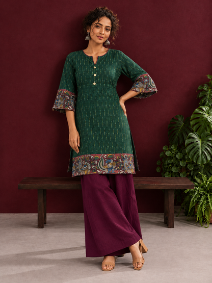 Bottle Green Ikat Cotton Co-Ord Set with Kalamkari Peacock Print Border on Sleeves and Hem with Maroon Farshi Col — side view