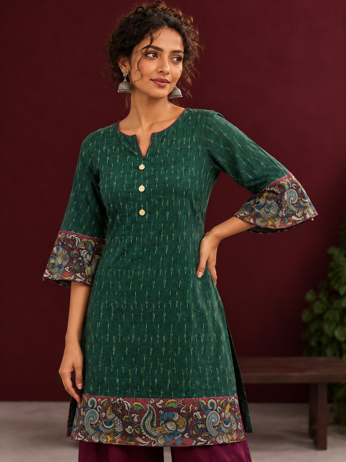 Bottle Green Ikat Cotton Co-Ord Set with Kalamkari Peacock Print Border on Sleeves and Hem with Maroon Farshi — fabric detail — view 3