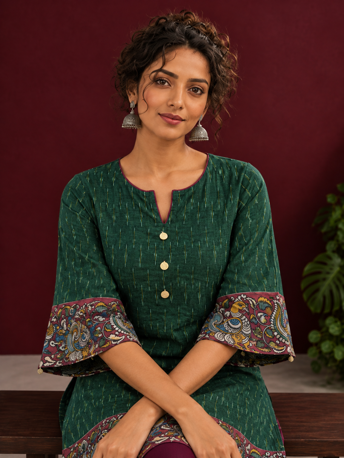 Bottle Green Ikat Cotton Co-Ord Set with Kalamkari Peacock Print Border on Sleeves and Hem with Maroon Farshi — seated detail — view 6