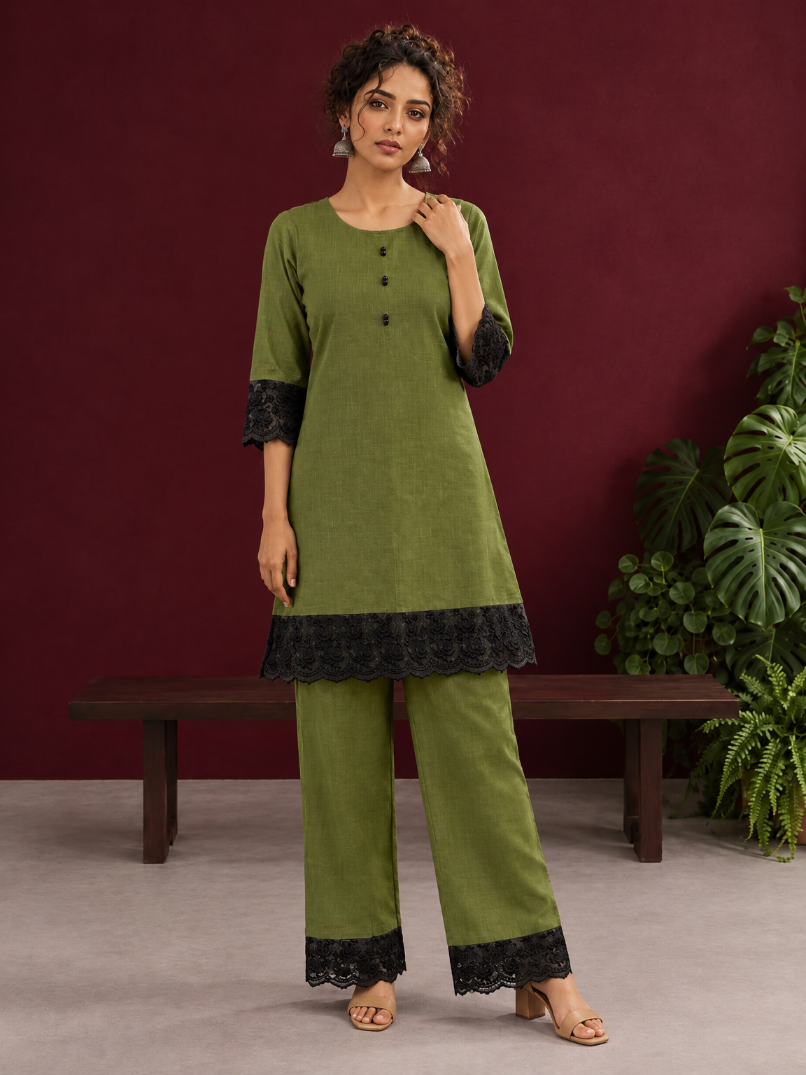 Elegant Olive Green Cotton Co-Ord Set with Contrast Black Floral Lace Hem and Cuffs with Straight olive pants an — front view