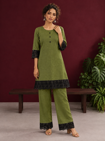 Elegant Olive Green Cotton Co-Ord Set with Contrast Black Floral Lace Hem and Cuffs with Straight olive pants an — front view