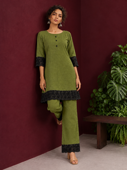 Elegant Olive Green Cotton Co-Ord Set with Contrast Black Floral Lace Hem and Cuffs with Straight olive pants and — side view