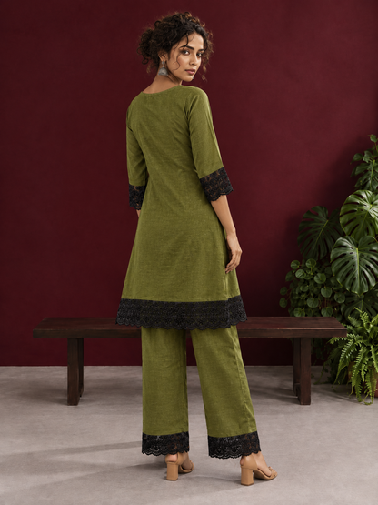 Elegant Olive Green Cotton Co-Ord Set with Contrast Black Floral Lace Hem and Cuffs with Straight olive pants and — back view