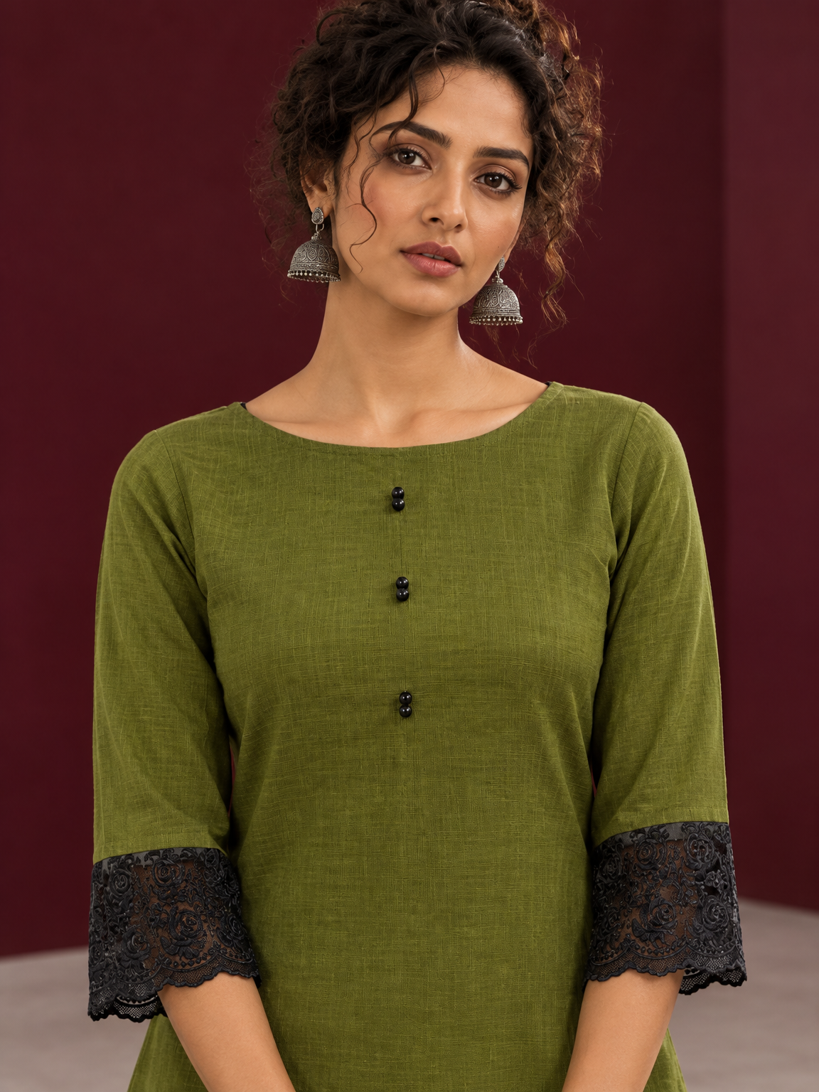 Elegant Olive Green Cotton Co-Ord Set with Contrast Black Floral Lace Hem and Cuffs with Straight olive pants — fabric detail — view 3