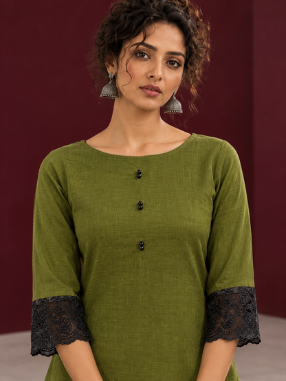 Elegant Olive Green Cotton Co-Ord Set with Contrast Black Floral Lace Hem and Cuffs with Straight olive pants — fabric detail
