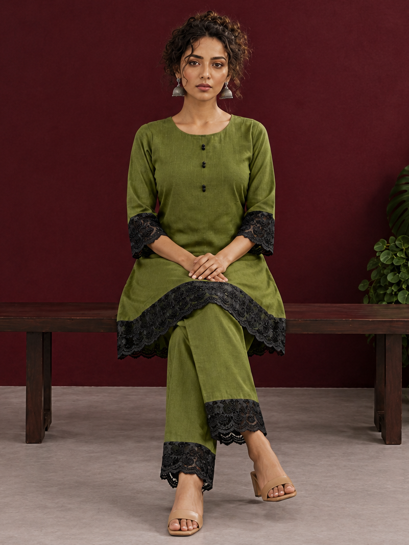 Elegant Olive Green Cotton Co-Ord Set with Contrast Black Floral Lace Hem and Cuffs with Straight olive pants and bl — seated — view 6