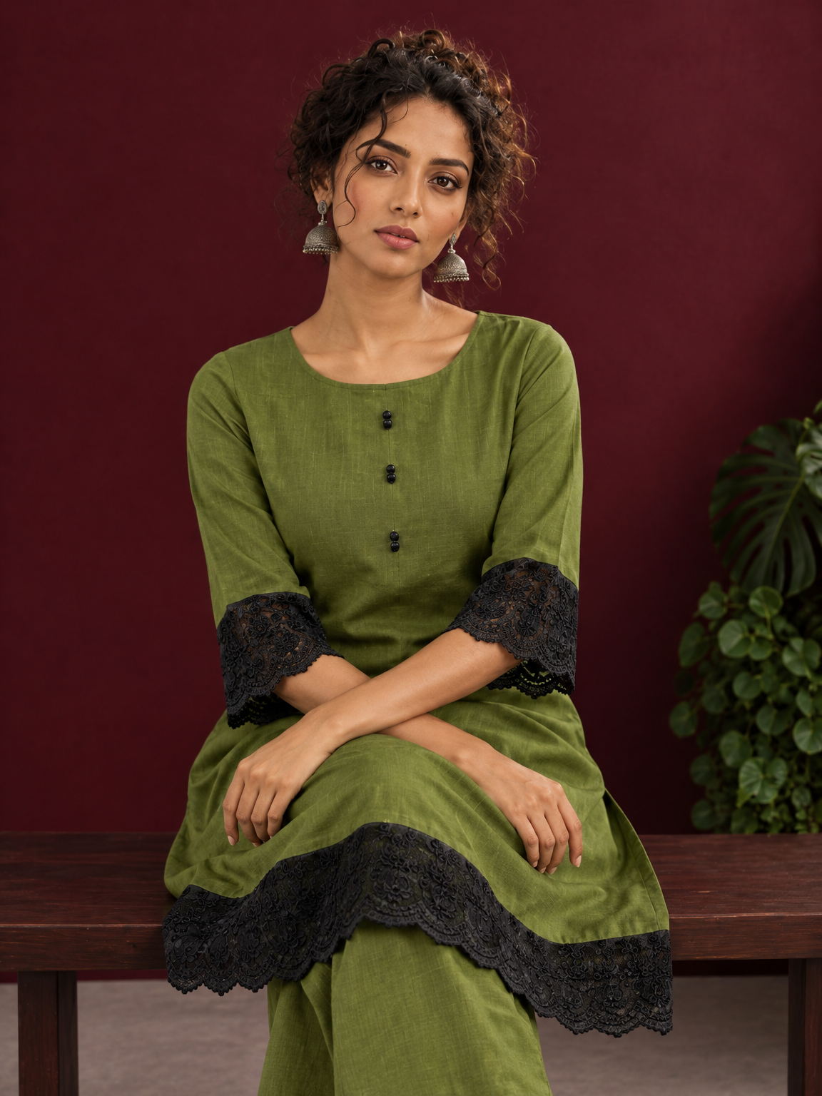 Elegant Olive Green Cotton Co-Ord Set with Contrast Black Floral Lace Hem and Cuffs with Straight olive pants — seated detail — view 5