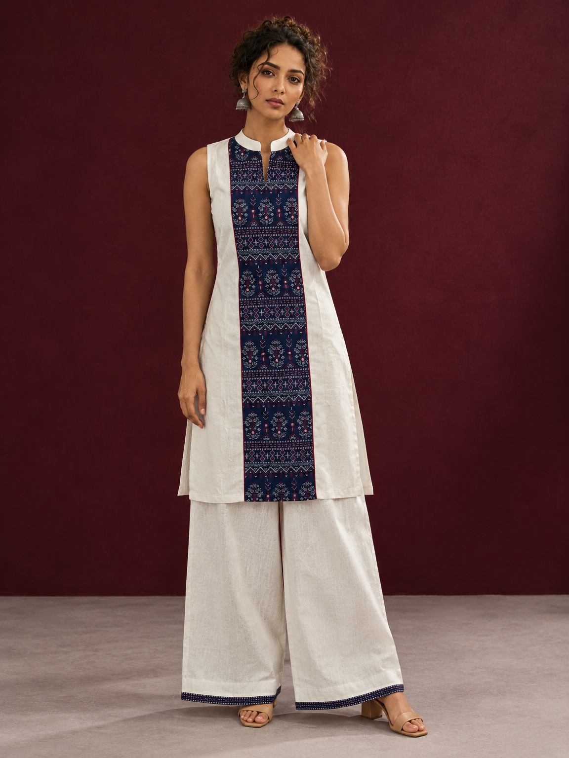 Elegant Off-White Cotton Co-Ord Set with Navy printed Front Panel & Contrast Maroon Piping — front view — view 4