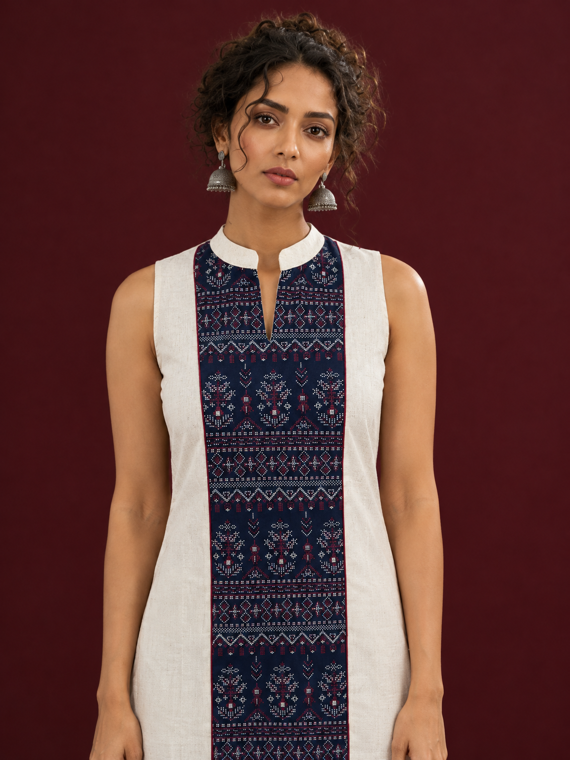 Elegant Off-White Cotton Co-Ord Set with Navy printed Front Panel & Contrast Maroon Piping — styled view — view 5