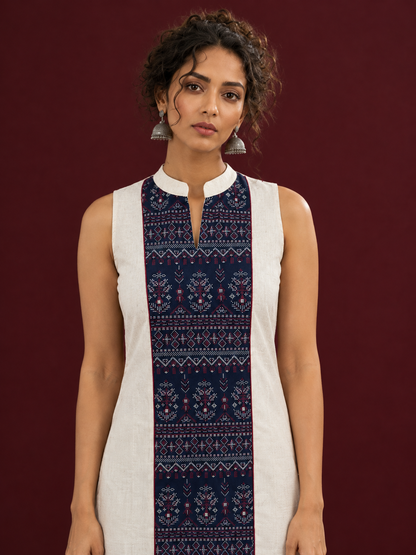 Elegant Off-White Cotton Co-Ord Set with Navy printed Front Panel & Contrast Maroon Piping — styled view