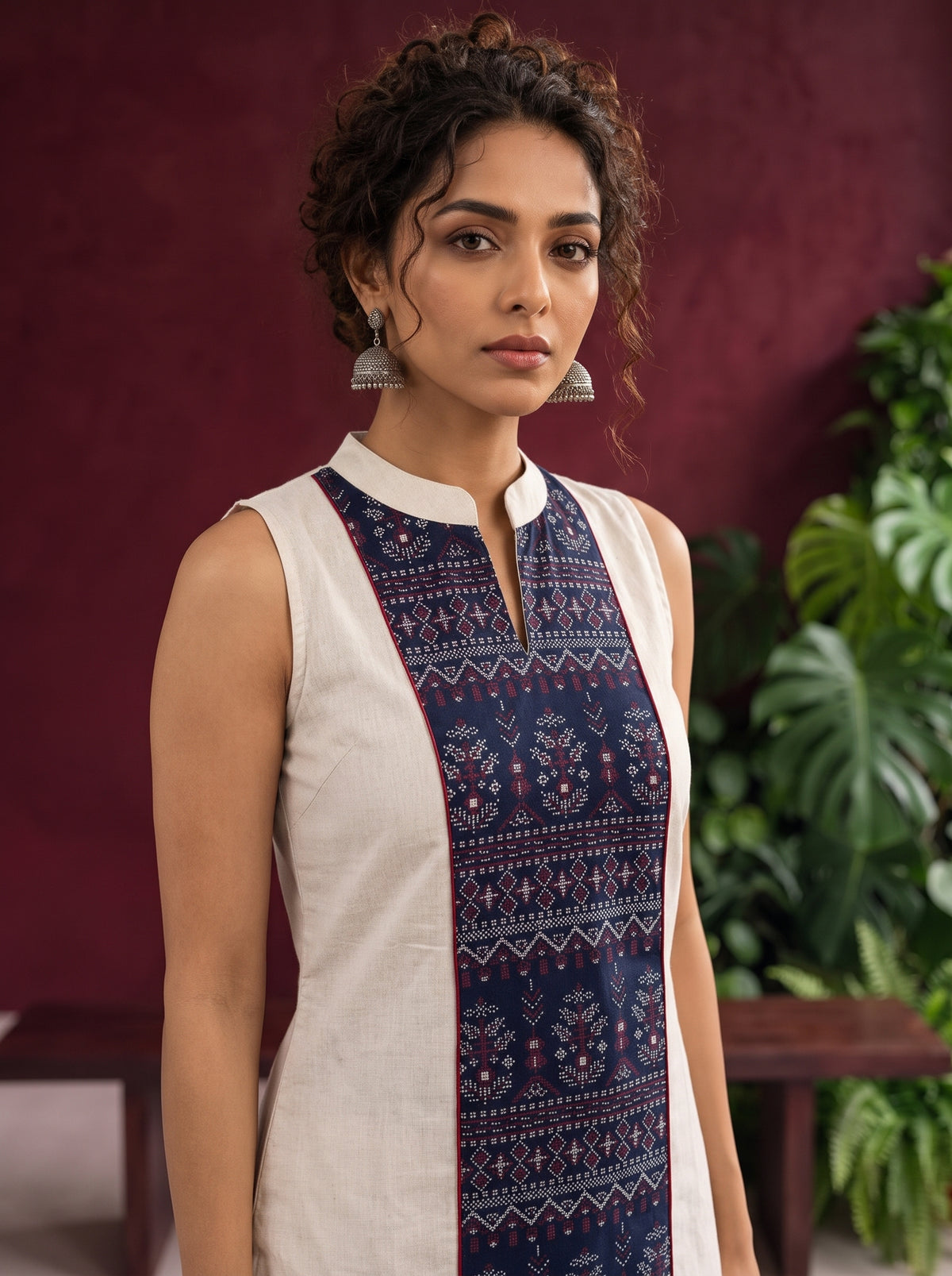 Elegant Off-White Cotton Co-Ord Set with Navy printed Front Panel & Contrast Maroon Piping — fabric detail — view 2