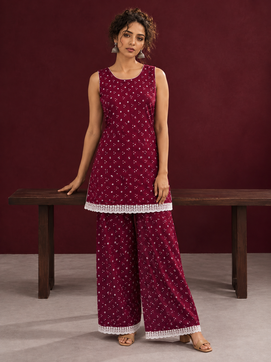 Elegant Maroon Bandhani Print Co-Ord Set with Lace Trim Hem and Scoop Neckline