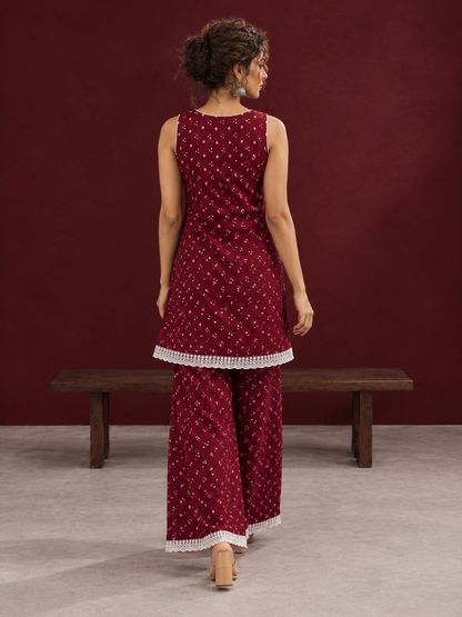 Elegant Maroon Bandhani Print Co-Ord Set with Lace Trim Hem and Scoop Neckline — back view