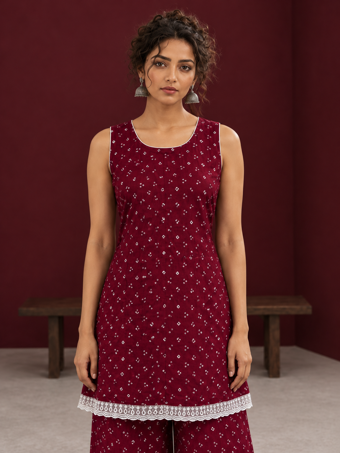 Elegant Maroon Bandhani Print Co-Ord Set with Lace Trim Hem and Scoop Neckline — styled view — view 3