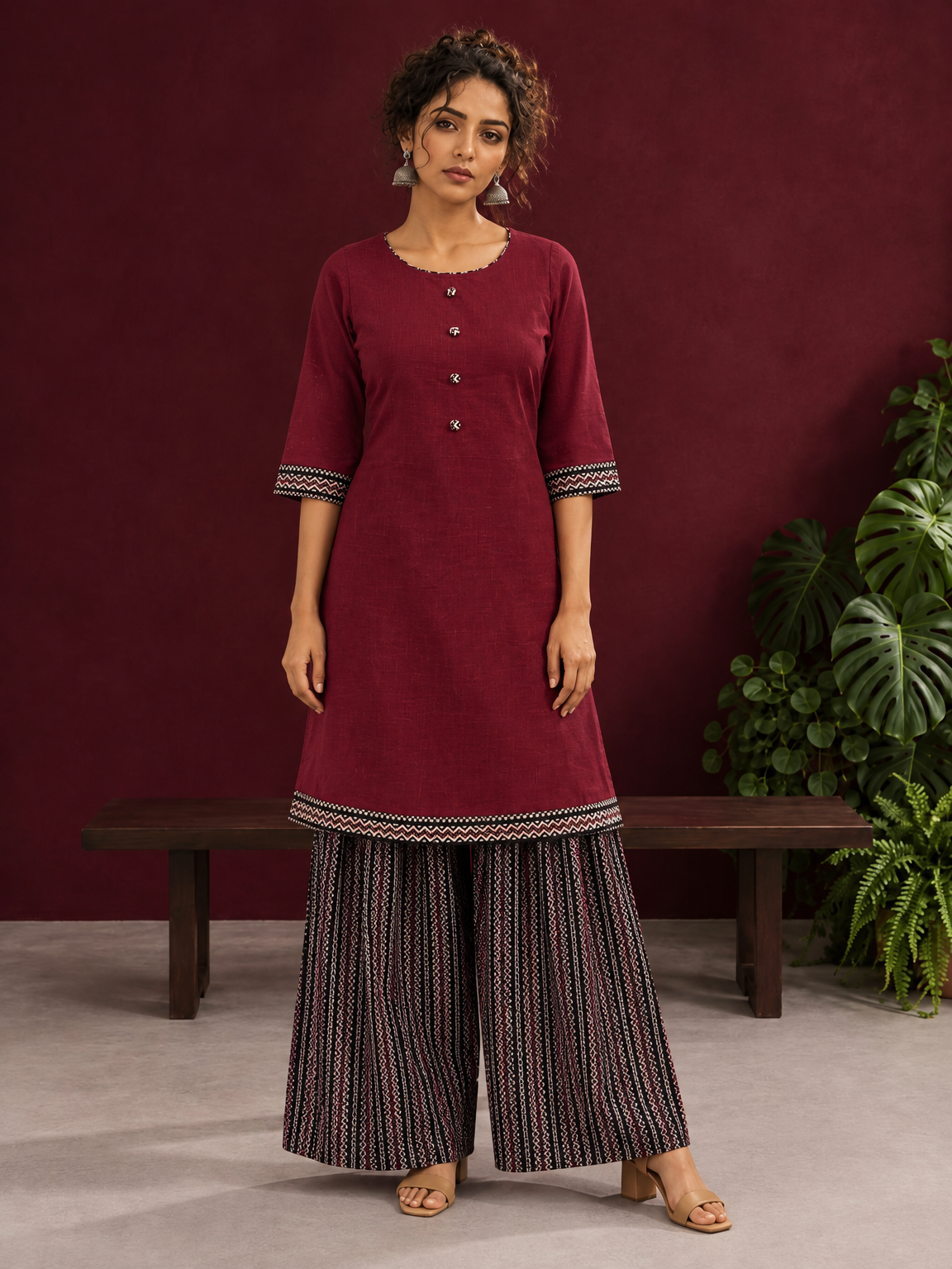 Timeless Maroon Ajrakh Cotton Co-Ord Set with Contrast Printed Border Tunic & Matching Geometric Pattern Farshi — front view — view 4