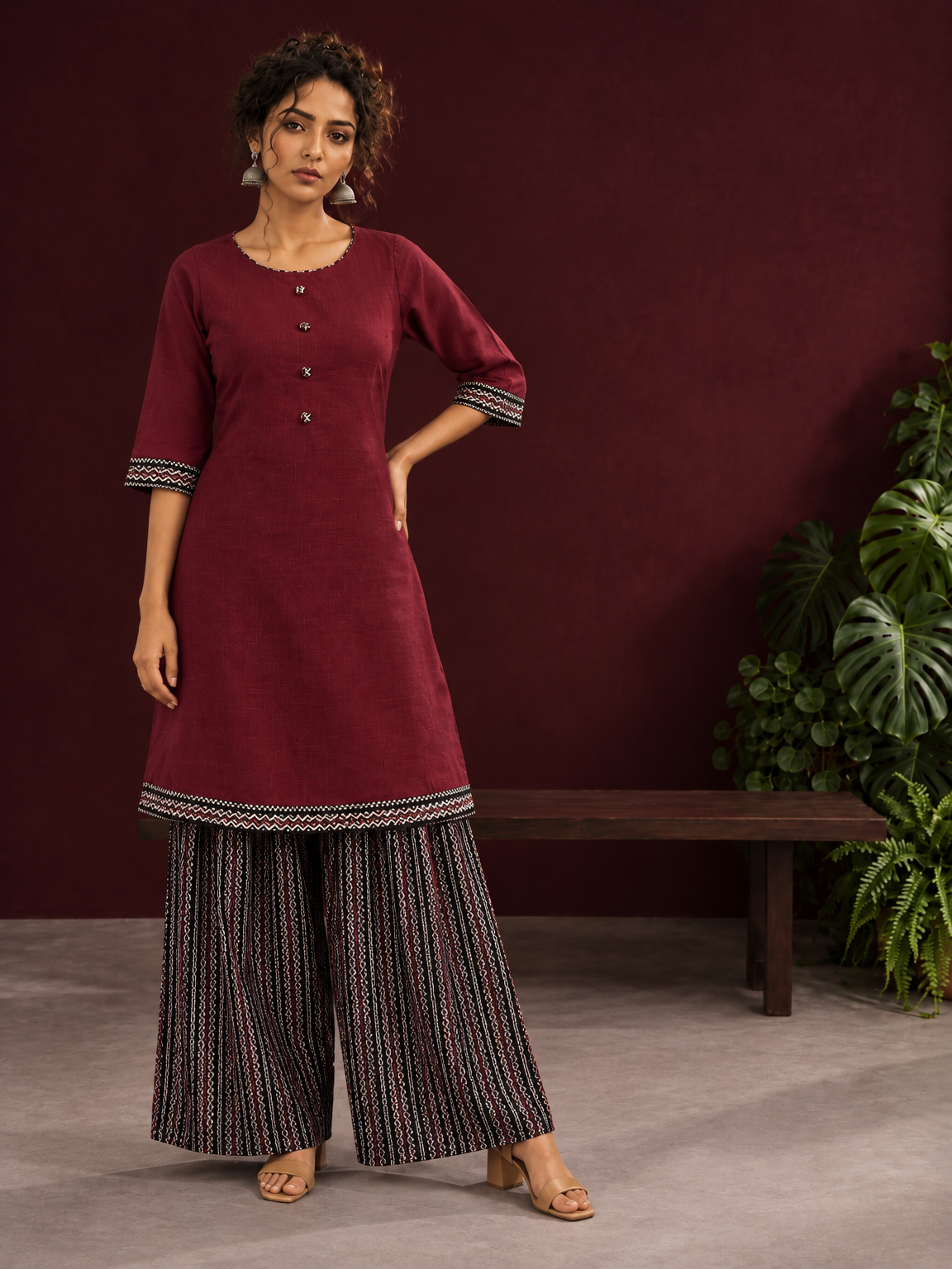 Timeless Maroon Ajrakh Cotton Co-Ord Set with Contrast Printed Border Tunic & Matching Geometric Pattern Farshi S — side view — view 5